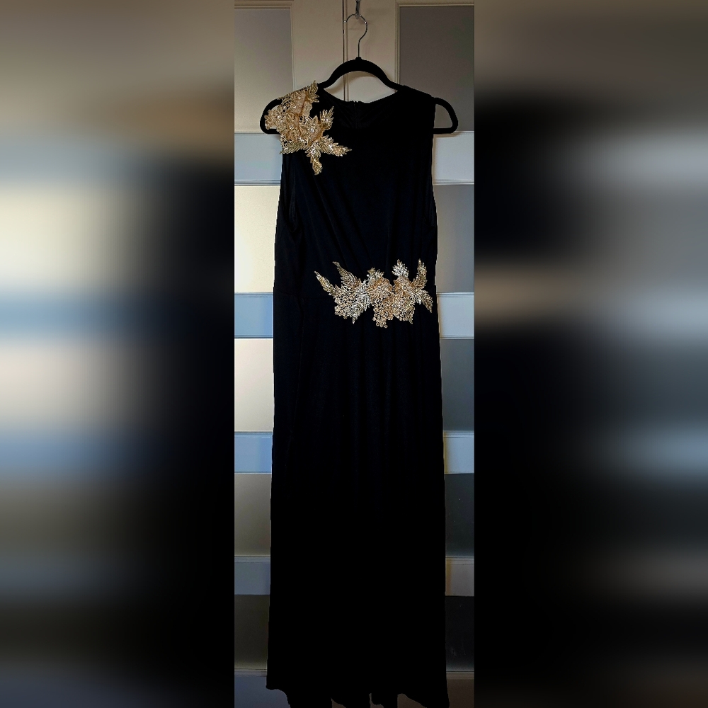 Elegant One Shoulder Black Dress with Gold Embellishments